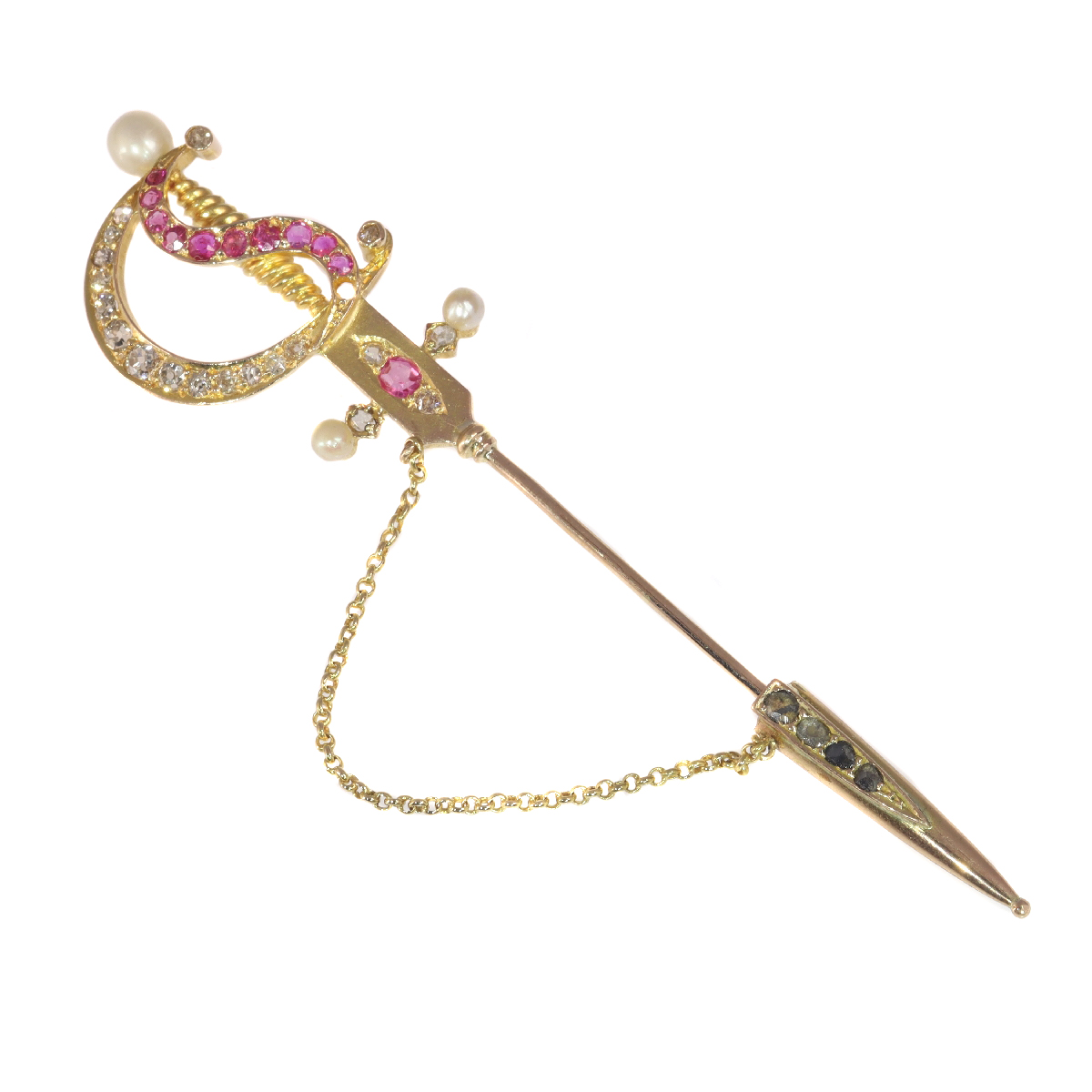 Antique gold pin in the shape of a bejeweld sword